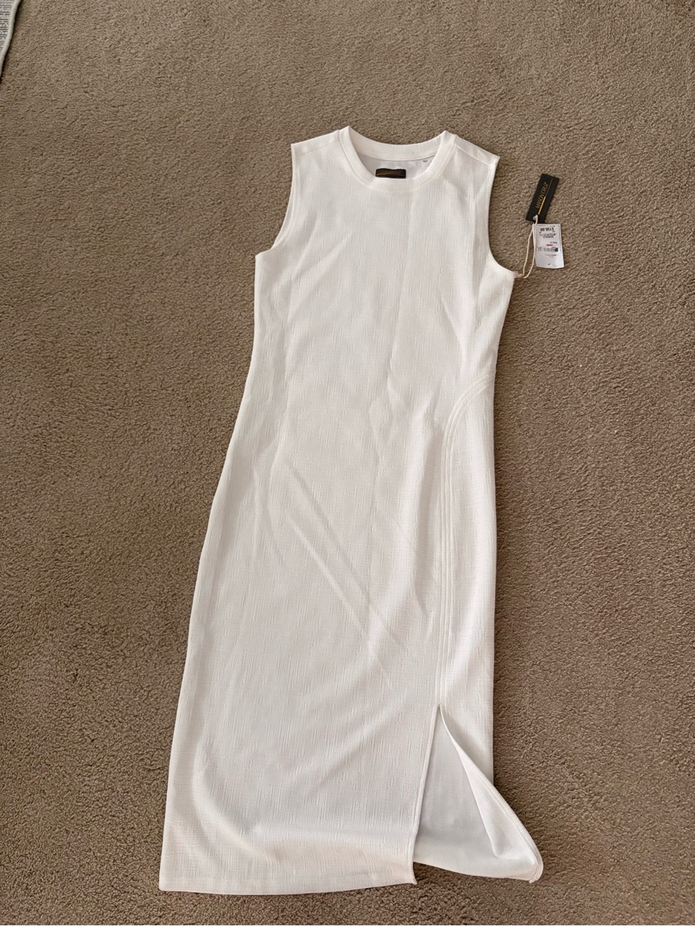 Sleeveless White Ribbed Midi Dress with Side Slit